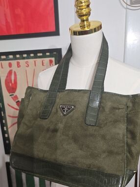Prada Olive Green Suede Tote with Croc-Embossed Trim
